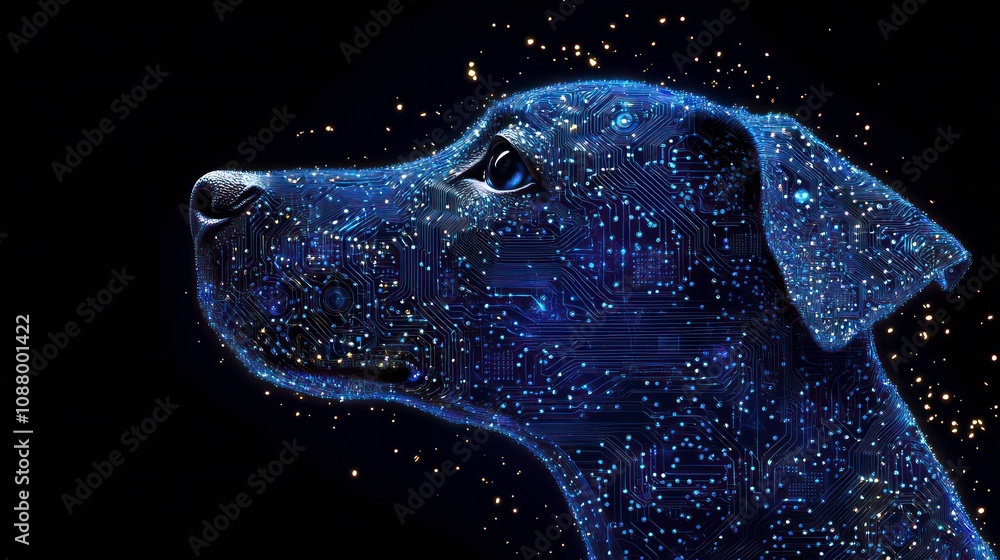 Poster detailed neural network of a dog brain showing big data and a circuit board in the head of a blue do
