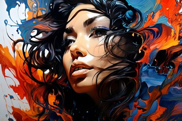 Captivating illustration featuring womans face adorned with swirling colors, delicate petals. Striking contrast and expressive features make this artwork ideal for fashion, beauty, creative themes.