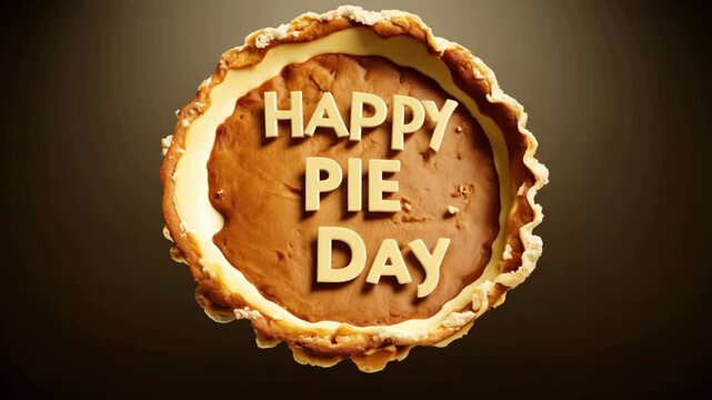 A pie is shown with the words Happy Pie Day written on it. The pie is brown and has a crust