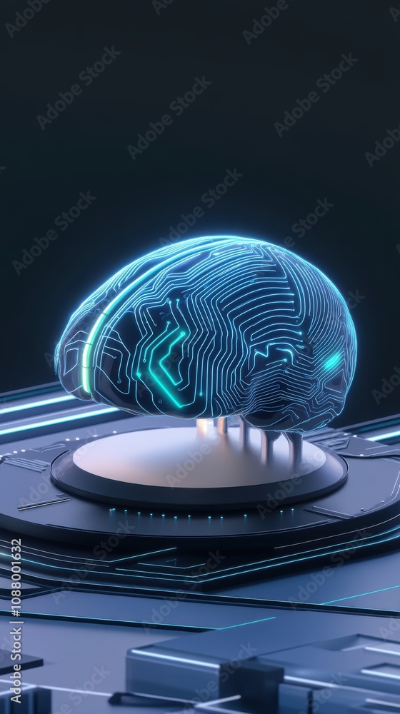 Poster futuristic neural network hologram with intricate circuit patterns on dark background