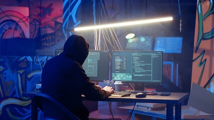 Hooded hacker leaving neon lit underground shelter after launching DDoS attack on websites. Cybercriminal finishing work on script that can crash businesses servers, exiting headquarters, camera B