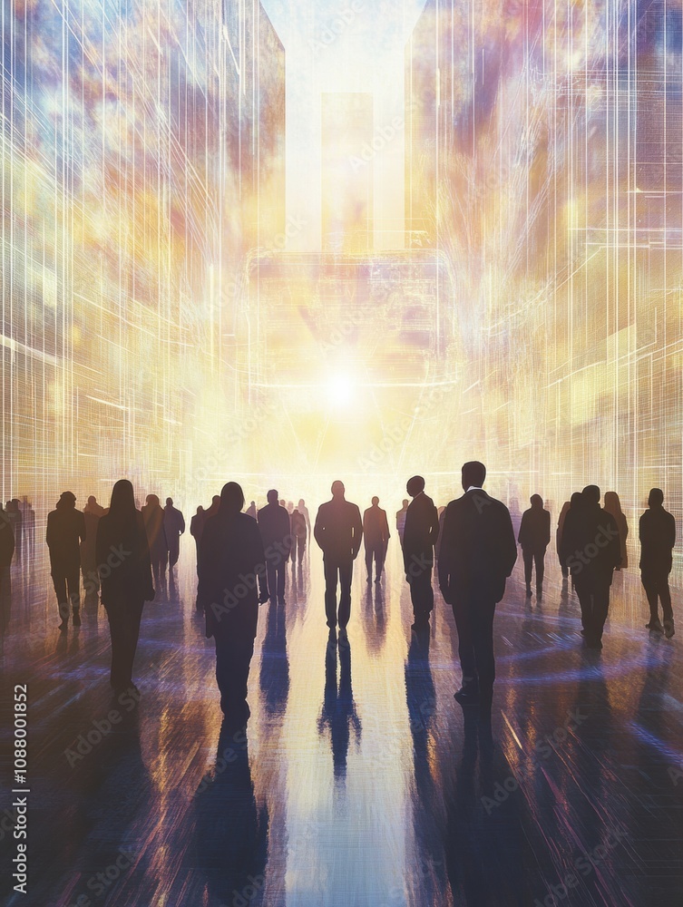 Fototapete people gather in a futuristic setting, facing a colorful abstract ai display that illuminates the su