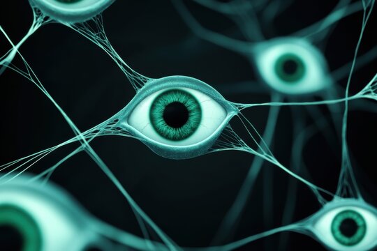Surreal Eyes Connected by Weblike Structures in Futuristic Artwork