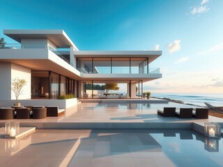 Fototapeta premium A beautiful modern beachfront villa with stunning ocean views and sleek architectural design, coastal living, coastal lifestyle