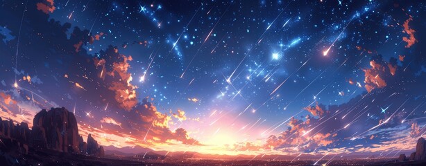 Anime Fantasy Sky with Shooting Stars Over Distant City at Sunset