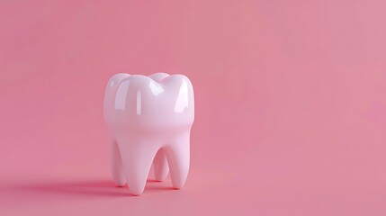 A glossy, stylized tooth model on a soft pink background, representing dental health and hygiene.