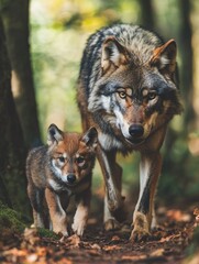 Family Pack of Wolves on Forest Path