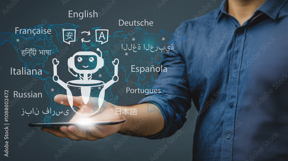 Poster multilingual ai technology: a professional interacts with a holographic ai robot offering translatio