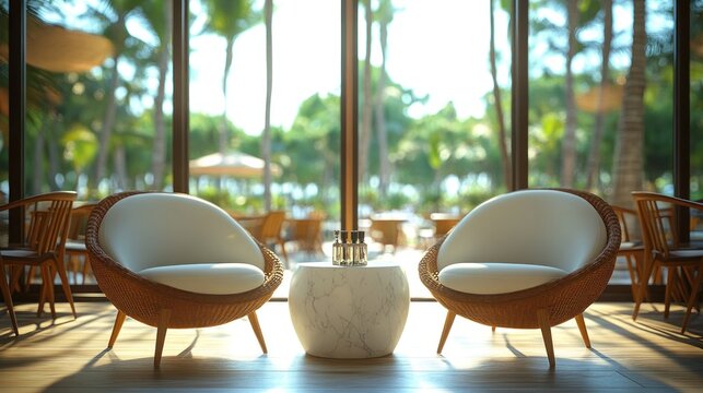 Two white chairs with a marble table in front of a large window with a view of a tropical patio. - Powered by Adobe