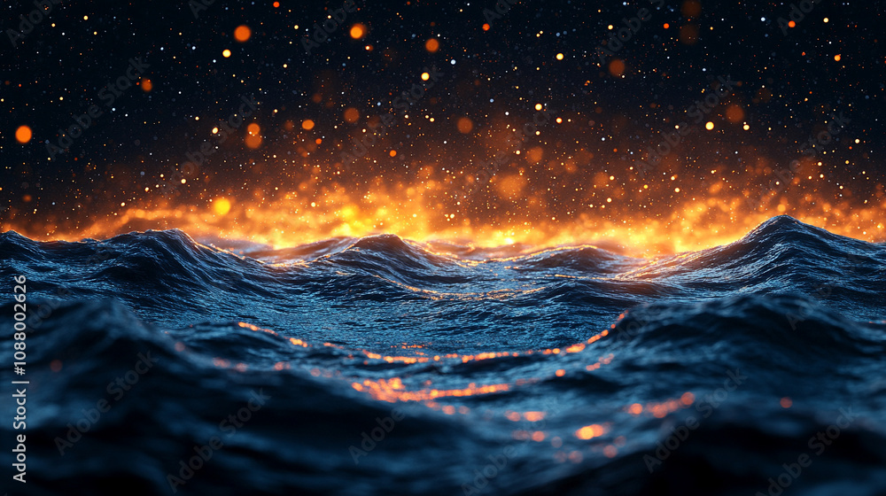 Wall mural mesmerizing view of ocean waves gently rolling under a starry night sky, with a dreamy blurred backg