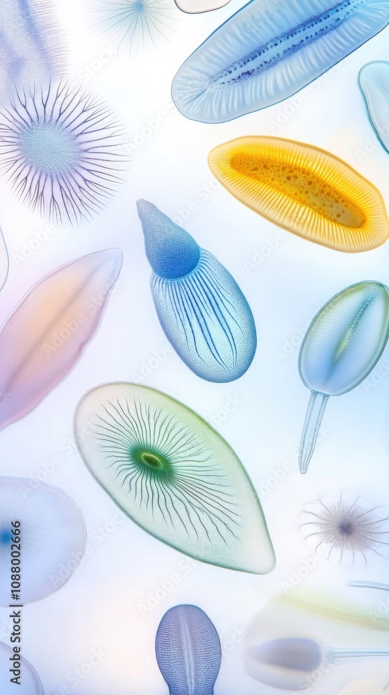 Aufkleber vibrant microscopic organisms in colorful abstract patterns on white background