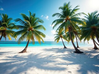 Obraz premium A beautiful tropical beach with palm trees and crystal clear water, perfect for a seaside vacation, ocean front property, waves