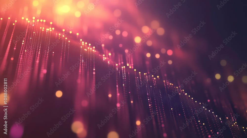 Poster abstract background with glowing particles and a gradient of pink and yellow.