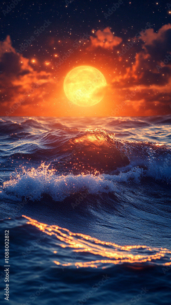 Wall mural mesmerizing view of ocean waves gently rolling under a starry night sky, with a dreamy blurred backg