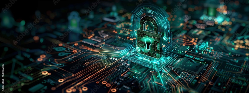 Poster digital security system with green padlock and holographic orbiters on circuit board background