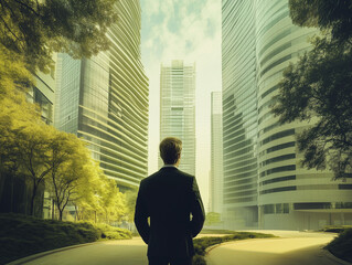 Fototapeta premium Homme d'affaire regardant une courbe devant des bâtiments d'entreprise au milieu d'un quartier vert, RSE en entreprise et investissement responsable