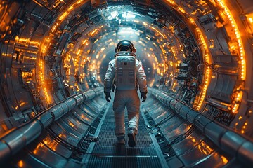 Astronaut in space suit standing near a massive light source, the illuminator shining brightly against the cosmos