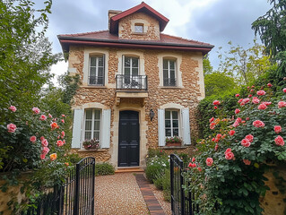 Façade d'une maison ancienne en pierre meulière, typique de l'île-de-France et la banlieue de Paris : rénovation et décoration d'un pavillon historique avec jardin, fer forgé