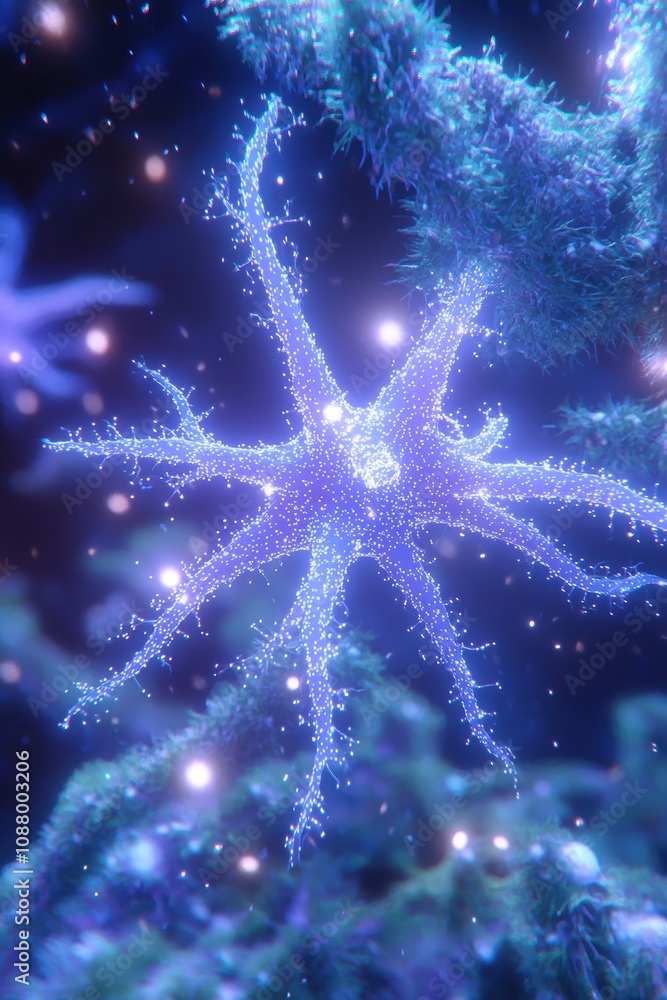 Poster ethereal microscopic star shimmering in vibrant color with delicate branches surrounded by luminous 