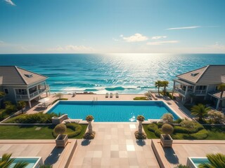 Fototapeta premium A breathtaking view of a luxurious beachfront property overlooking the sparkling ocean waves, offering a dreamy seaside escape, waterfront living, property