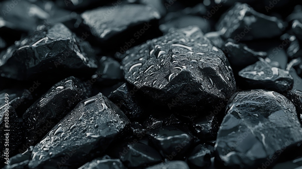 Poster close-up view of wet black rocks with water droplets on surface creating a glossy and textured appea