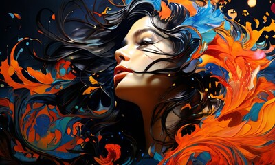 Naklejka premium Beautifully crafted image of woman with vivid hues and dynamic patterns. This captivating piece evokes emotion and creativity, making it perfect for various artistic and commercial uses.