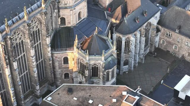 Aerial view of gothic and medieval architecture of the Aachener Dom on a sunny daytime in Germany