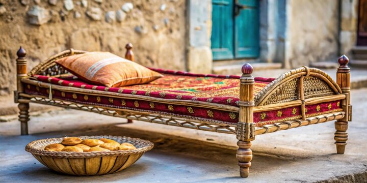 Close up shot of traditional bafle or baati on a cot for Panification, close up, bafle, baati, cot, traditional