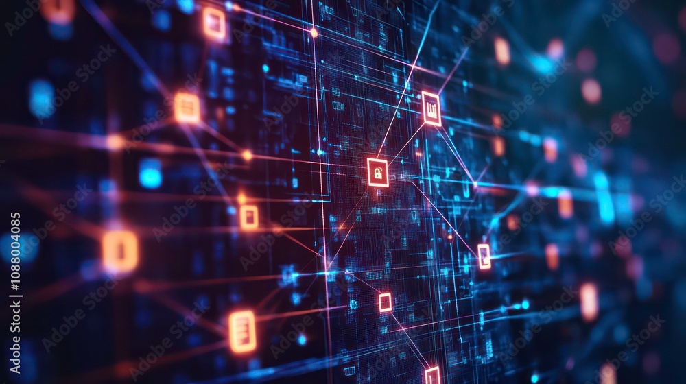 Poster abstract digital network background with glowing lines and nodes.