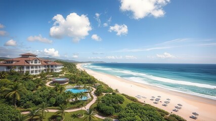 Fototapeta premium A luxurious ocean front resort with lush landscaping situated along a pristine beach, relaxation, travel