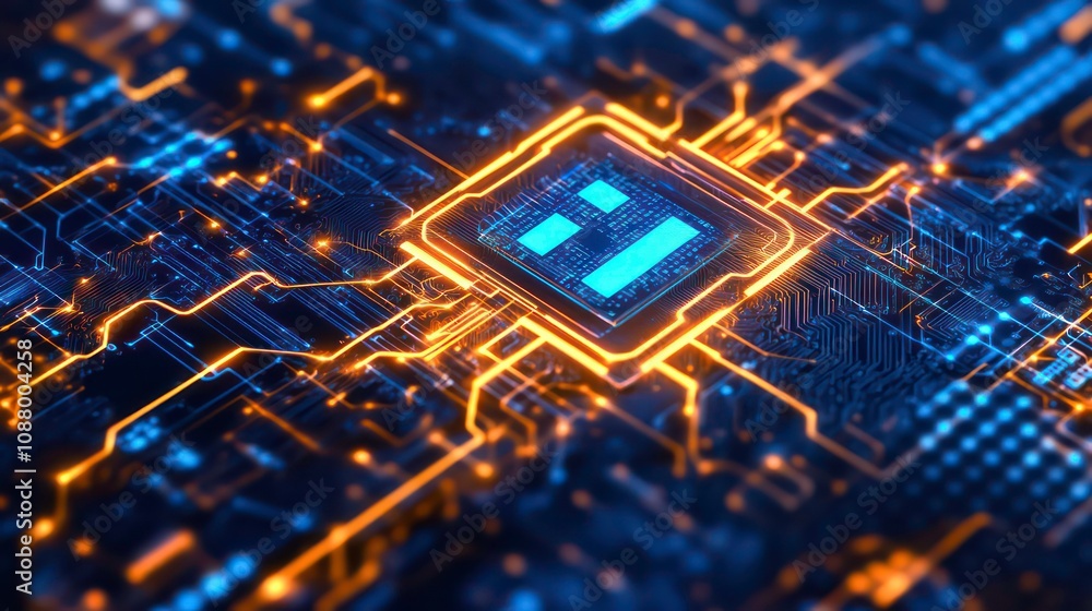 Poster close-up of a glowing cpu chip on a circuit board.