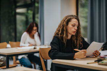 Two students are deeply engaged in studying at their desks in a bright classroom setting. Focused learning, concentration, and academic preparation are emphasized in this educational setting.