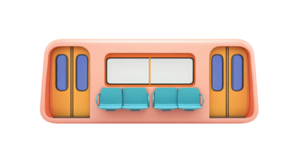 A stylized depiction of a subway train interior featuring colorful seats and doors.