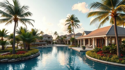 Obraz premium A luxurious oceanfront resort with beautiful tropical landscaping, private beach access, and spacious vacation rental villas, rental, luxury