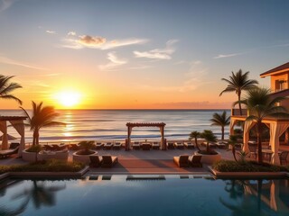 Fototapeta premium A luxurious oceanfront resort with stunning sunset views, exclusive, relaxation
