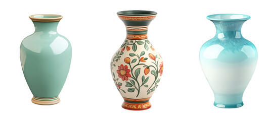 Three decorative vases featuring distinct colors and patterns, showcasing ceramic craftsmanship and artistic design.