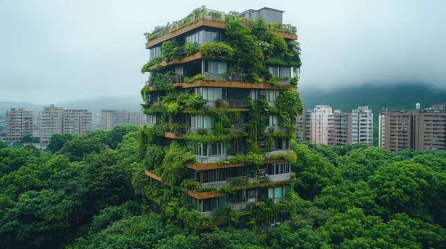 Verdant high-rise building integrated with nature. - Powered by Adobe