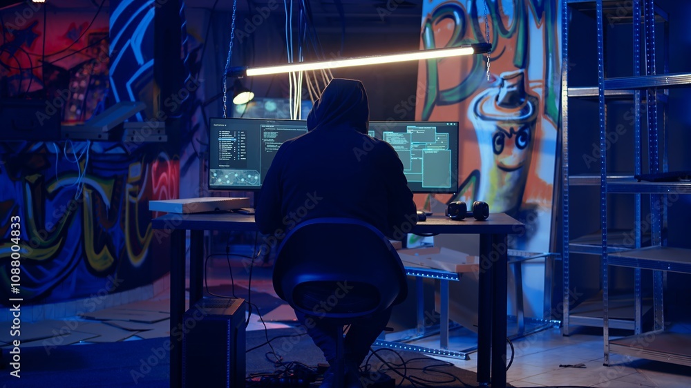 Poster rogue hacker using computer in abandoned basement with graffiti drawings on walls. malicious crimina