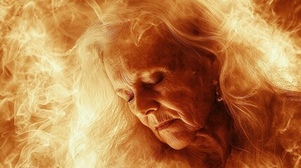 Obraz premium Ethereal Portrait of a Serene Elderly Woman Surrounded by Fiery Flames Capturing the Essence of Life, Resilience, and Inner Peace Through Dramatic Imagery
