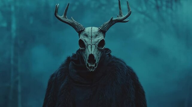 Wendigo mythical monster in scary winter forest. Pagan shaman wearing in horn animal skull and cloak. Wiccan religion.Halloween, Yule, pagan New Year
