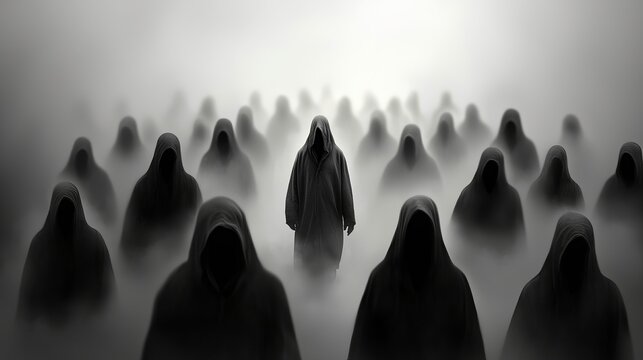 A mysterious figure in a hooded cloak stands amidst shadowy silhouettes in a foggy, eerie setting.