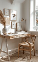 Elegant Scandinavian Style Home Office with Wooden Desk and Bird Art Print