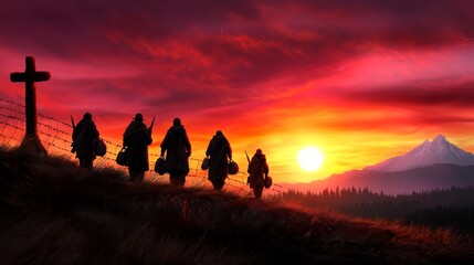 Silhouettes of soldiers walking towards a vibrant sunset, evoking a sense of journey and reflection.