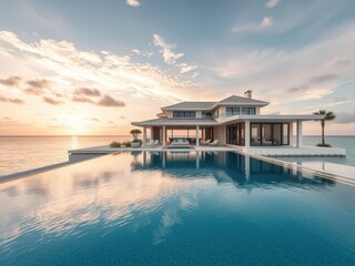 Fototapeta premium A stunning mansion with a private beach and infinity pool, epitomizing luxurious oceanfront living, lavish, oceanfront
