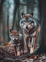Obraz premium Mother and Cub Wolf in Forest