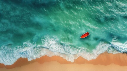 Fototapeta premium Aerial View of a Red Boat on Turquoise Water