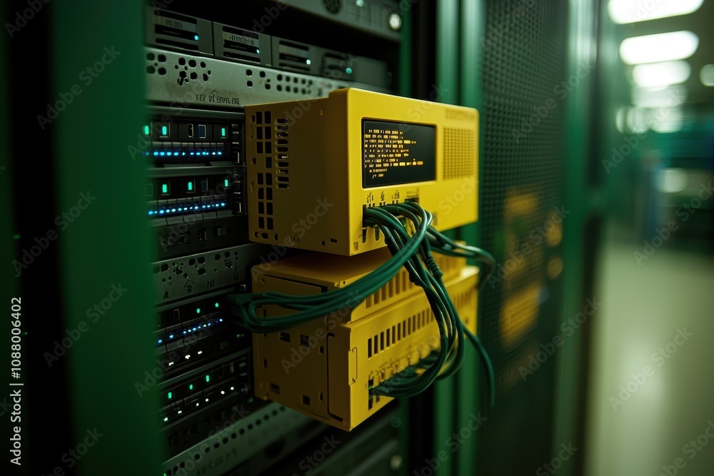 Poster technology infrastructure with yellow network devices connected to server racks in data center, show