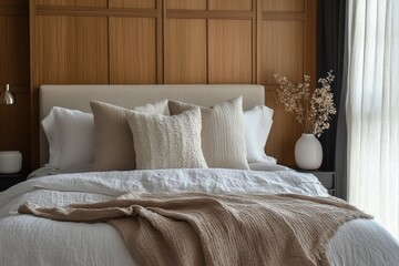 home decor, a stylish bedroom with a minimalistic bed, neutral bedding, a sophisticated accent wall, and cozy textured pillows for a calming feel