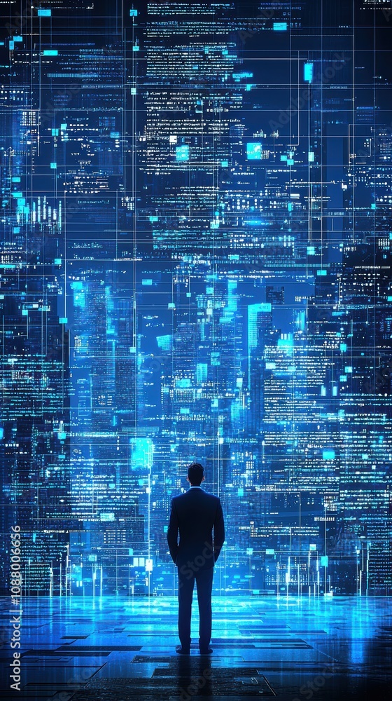 Poster business professional standing in front of a futuristic digital cityscape with data streams and tech