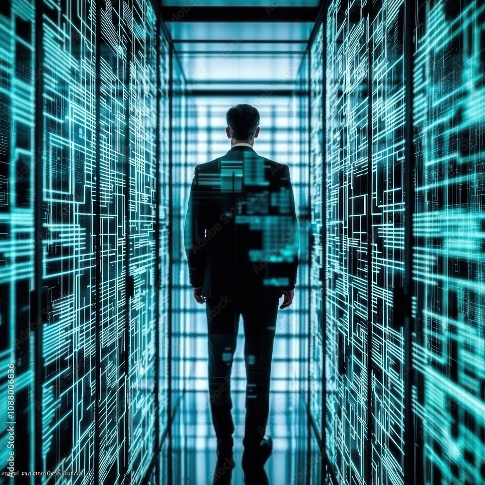 Poster futuristic businessman standing in data center surrounded by digital data streams representing techn